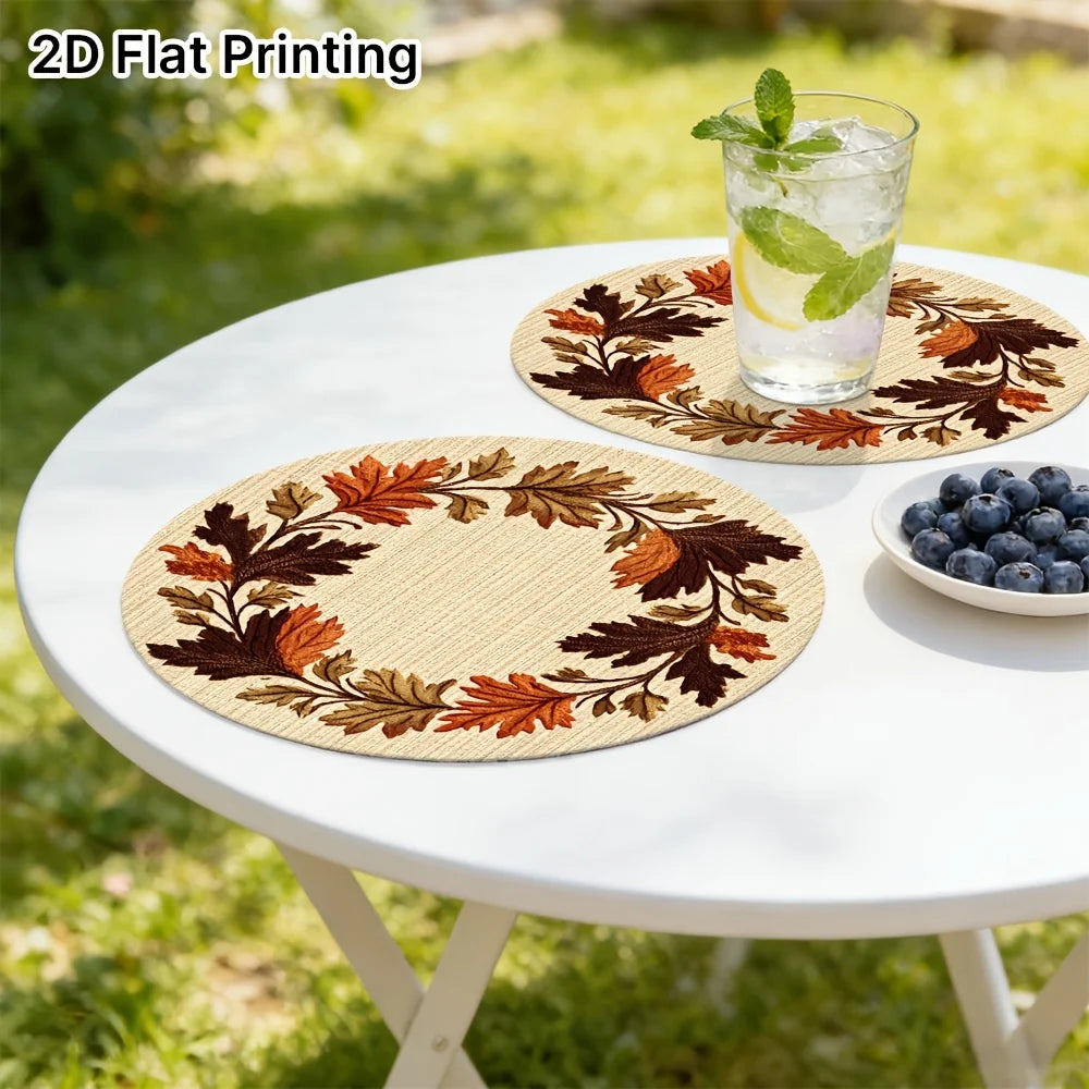 Set of 6 Round Placemats with Wooden Autumn Leaf Wreath, Non-slip Design, Ideal for Minimalist Table Decor, Suitable for Hotels, Restaurants, Festivals, Parties or Family Gatherings
