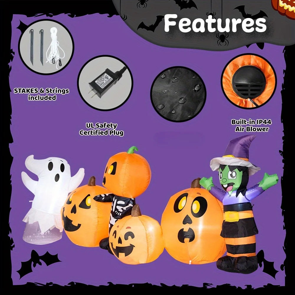 Halloween Inflatable 8 ft Long Three Halloween Characters and Pumpkin Patch Blow Up Inflatables with Build-in LEDs for Party Indoor Outdoor Yard Lawn Garden Decorations