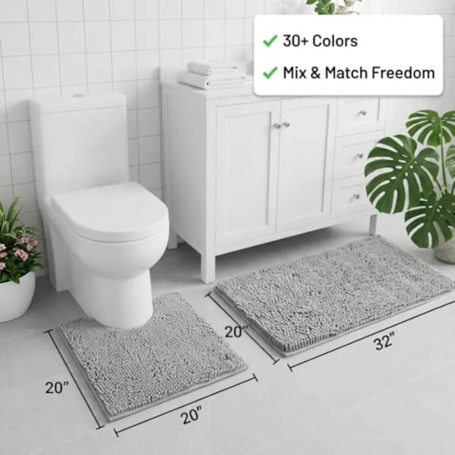 Bathroom Rugs Sets 2 Pcs, Super Absorbent Chenille Bath Mats and U-Shaped Toilet Rug, Strong PVC Non Slip Backing, Microfiber W