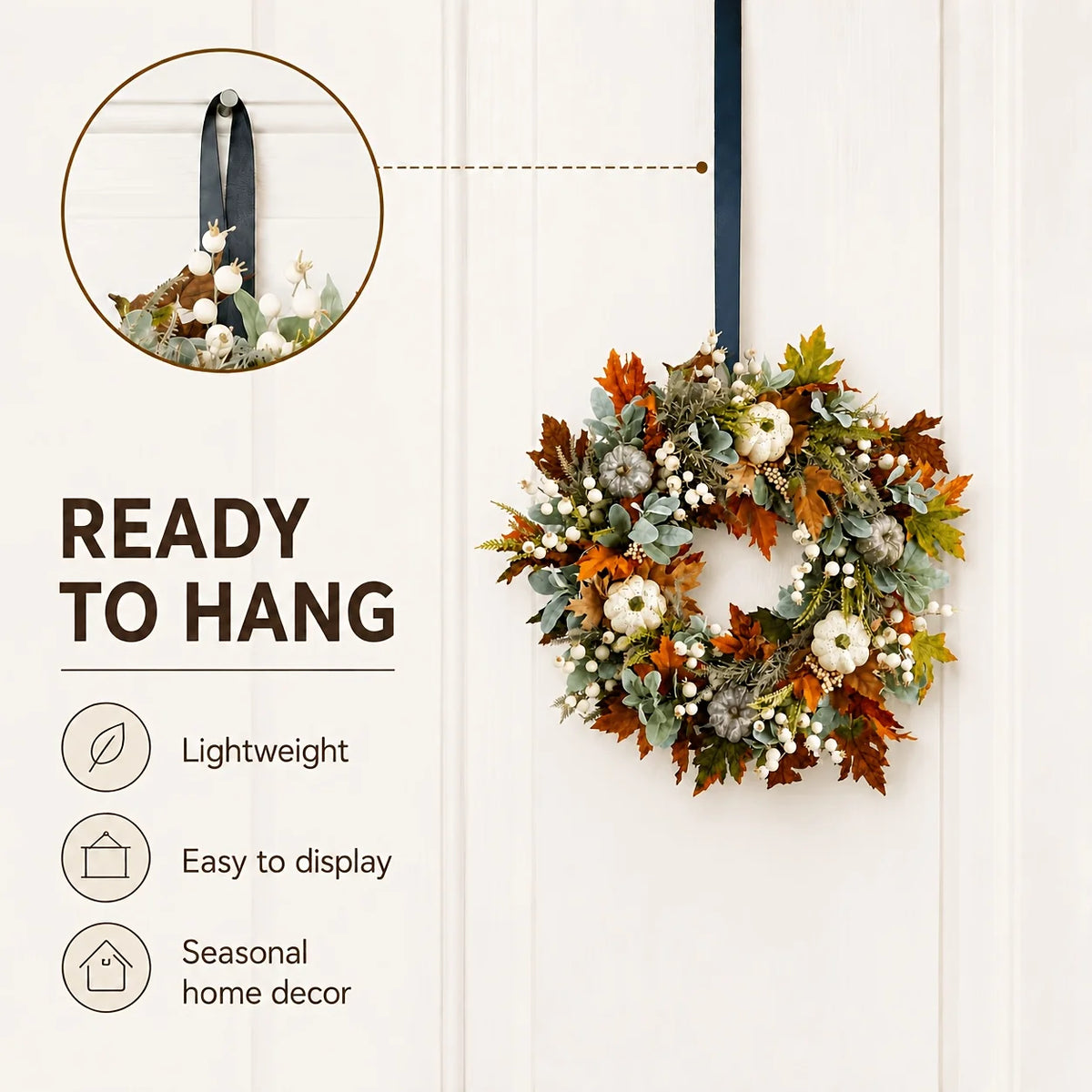 Garlands - All Peony And Pumpkin Wreath Year Round, Leaves And Berries Farmhouse Autumn Wreath, Mixed Leaves - Thanksgiving Wreaths for Indoor Outdoor, Artificial Fall Wreaths for Front Door Rustic