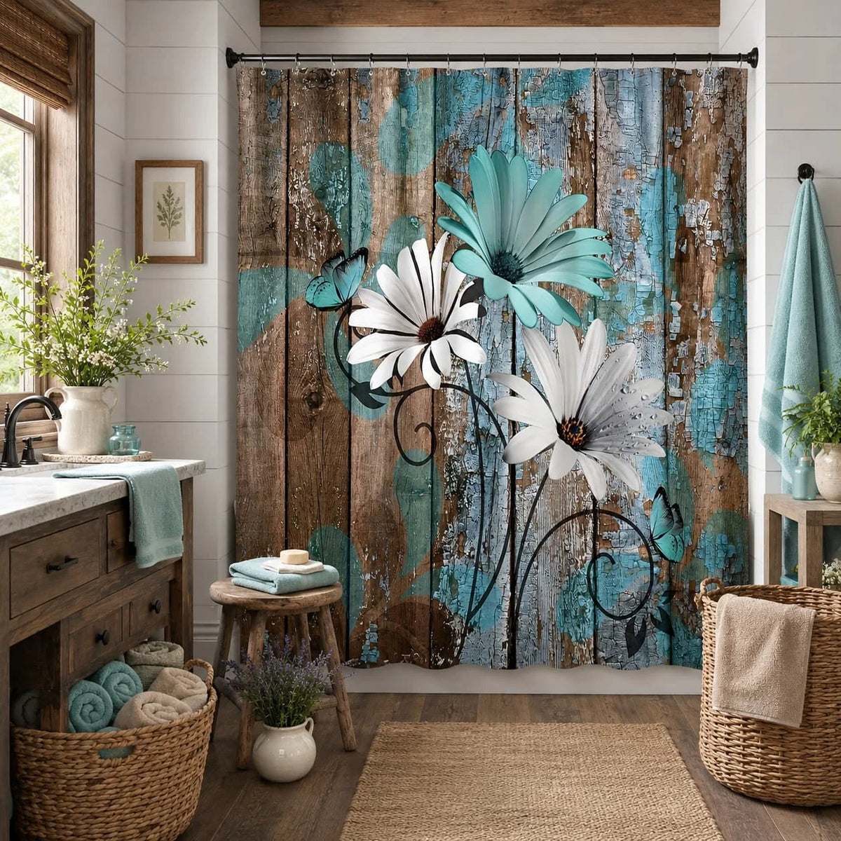 2D Flat, 2D Flat Banner 1pc 70.9X70.9Inch Farmhouse Flower Floral Shower Curtain, Rustic Teal Turquoise Daisy Shower Curtain, Country Blue Wild Garden Plant Fabric Shower Curtain with Hooks, Surreal Bathroom Curtain