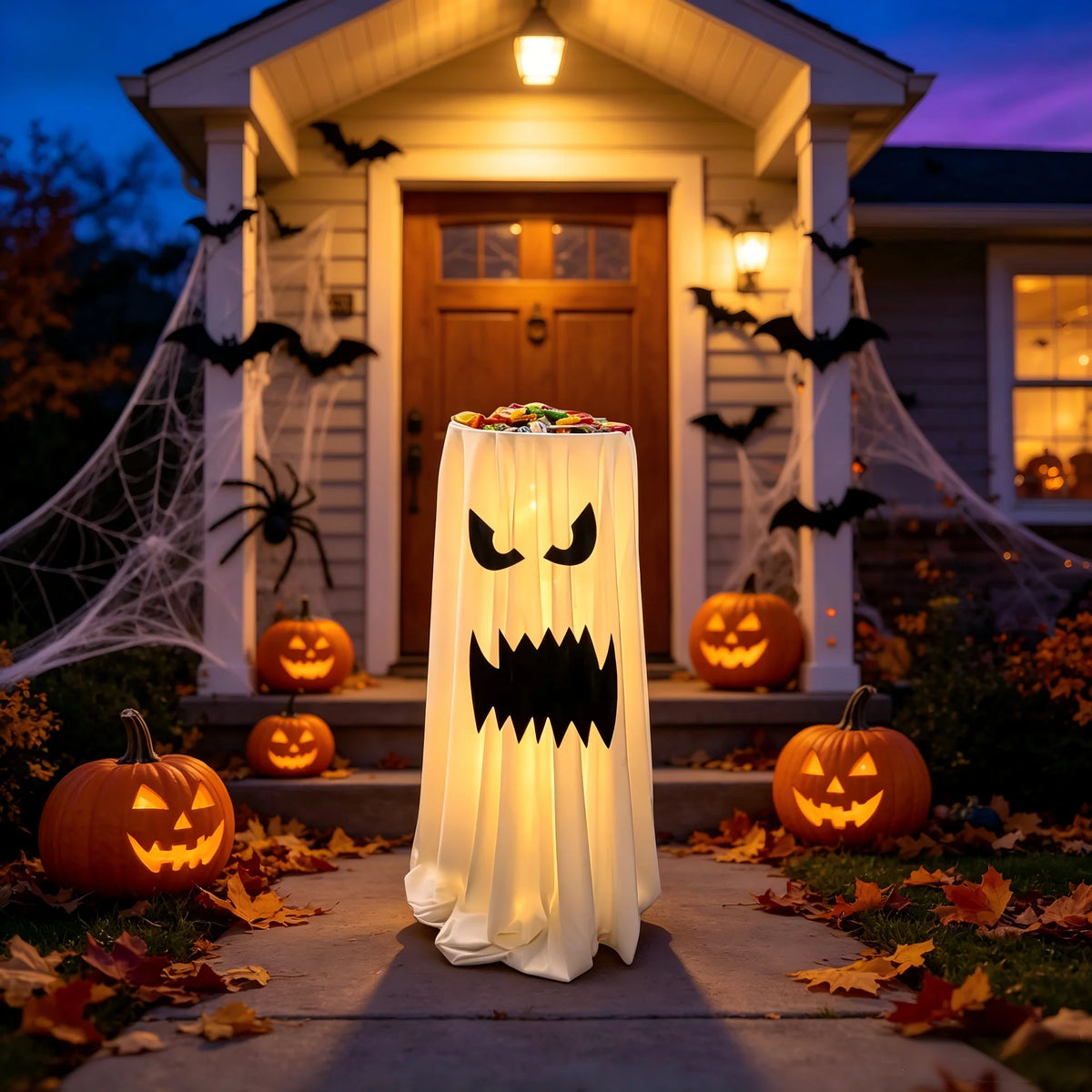 31.5in Tall Halloween Ghost Candy Holder, Standing Ghost Treat Bowl, Spooky Ghost Fabric Candy Bucket for Front Porch Yard Outdoor Decor, Halloween Party Trick or Treat Candy Display Stand Decoration(Battery Not Included)