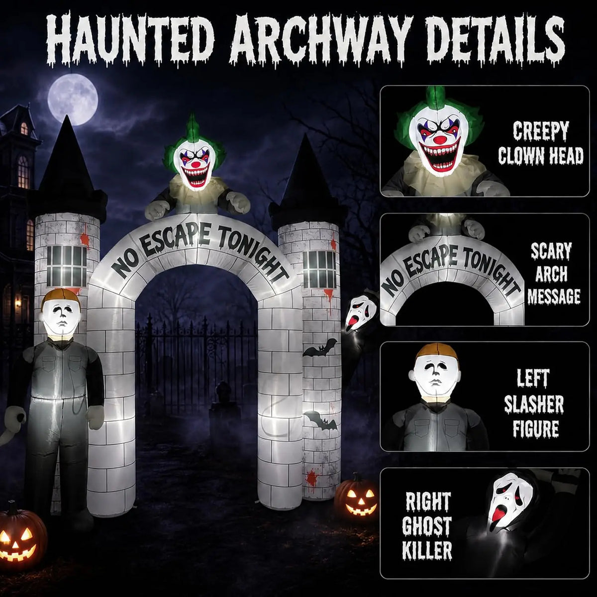 Outdoor Halloween Archway Inflatable with Built-In LEDs | 10FT Blow Up Arch for Yard Haunted House Decorations Featuring 3 Killer Characters | Easy Setup Inflatable Entrance for Indoor, Lawn & Garden