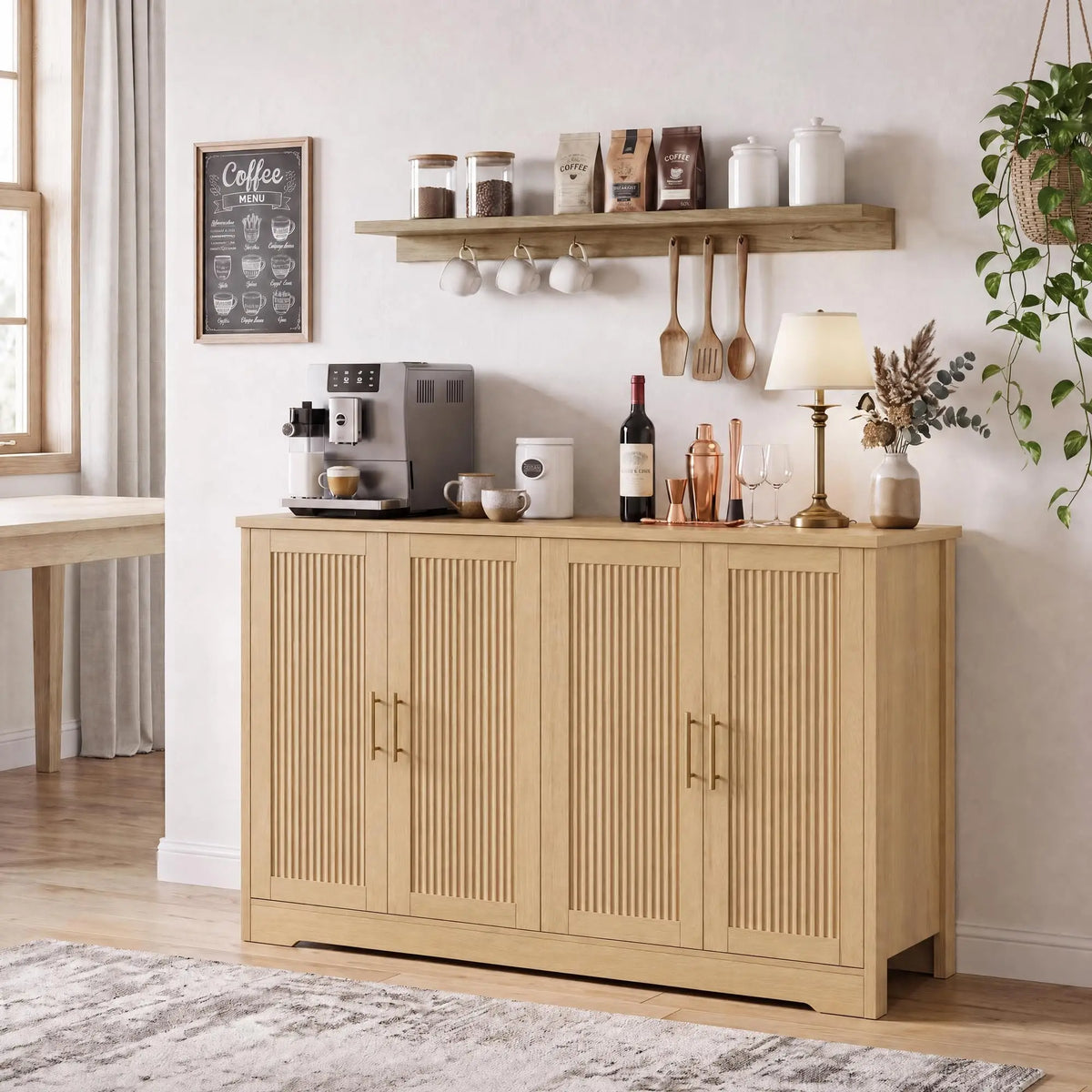 HiMISS Fluted Sideboard Buffet Cabinet With Shelves And Wine Rack