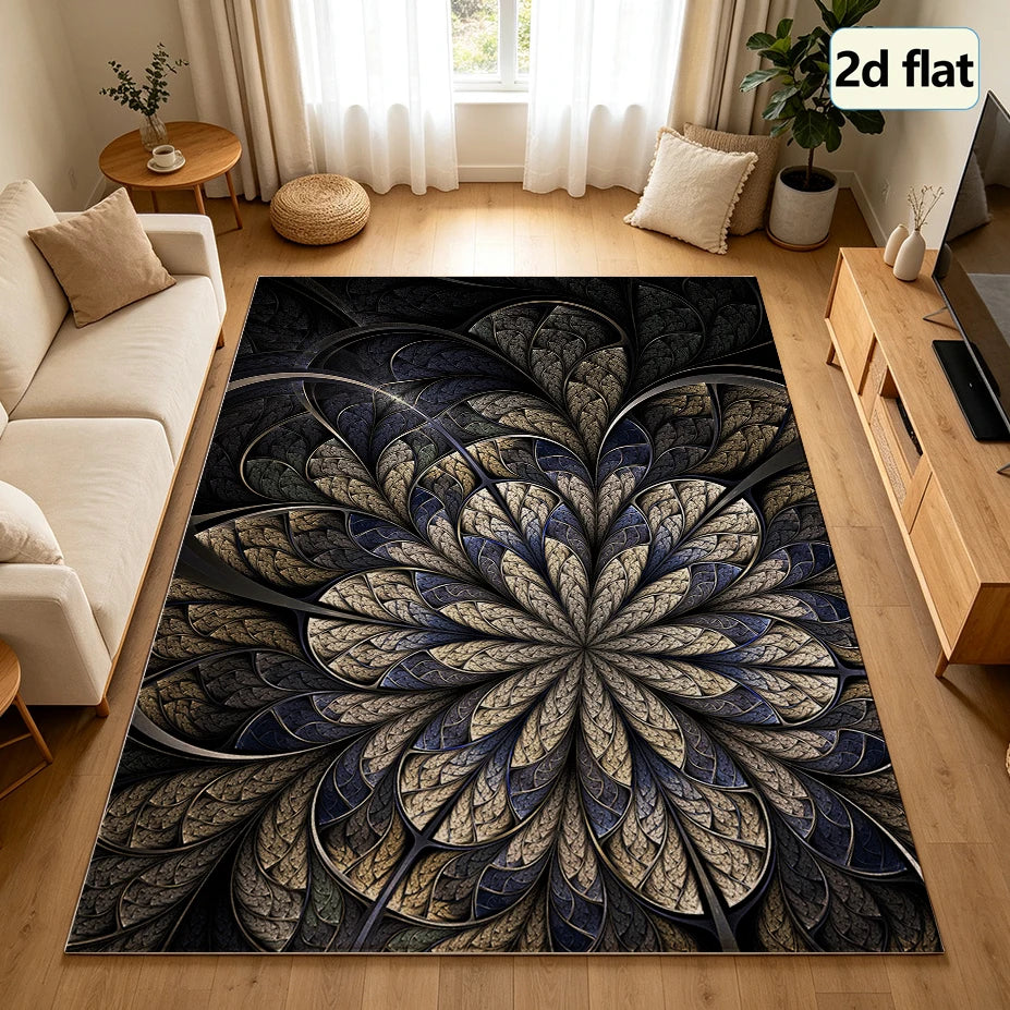 Dark Luxury Fractal Floral Carpet Flooring, Abstract Mandala Swirl Art Area Rug Anti-Slip Floor Mat for Office Villa Living Room Home Decoration