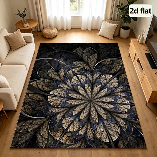 Dark Luxury Fractal Floral Carpet Flooring, Abstract Mandala Swirl Art Area Rug Anti-Slip Floor Mat for Office Villa Living Room Home Decoration
