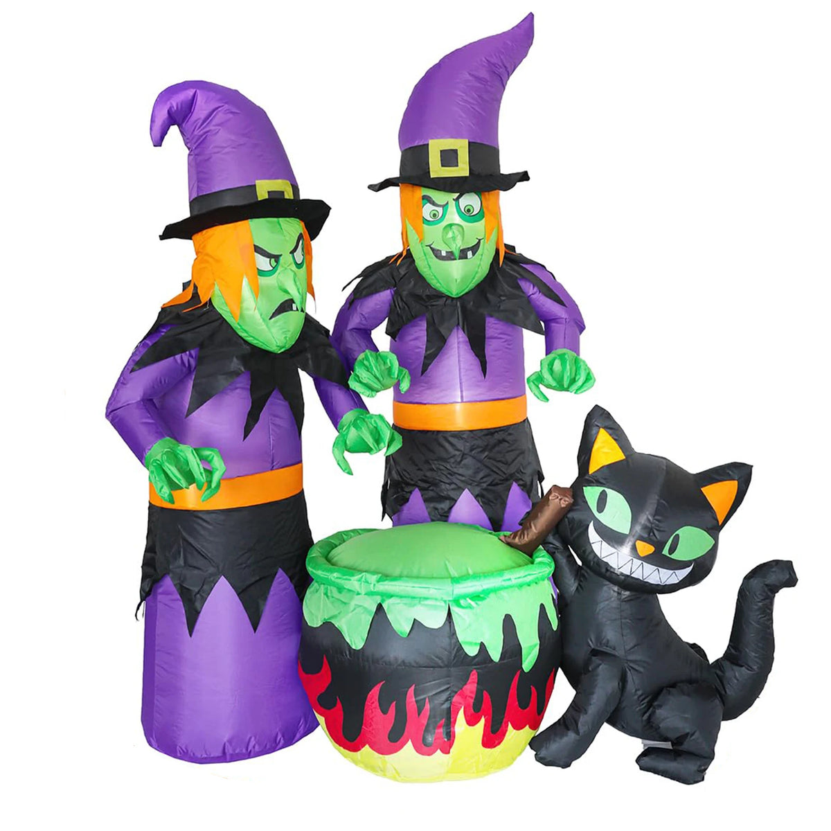 6ft Halloween Inflatable Witch Sisters Black Cat Cauldron With 6 Led Lights, Outdoor Yard Decor Blower For Lawn Porch Garden