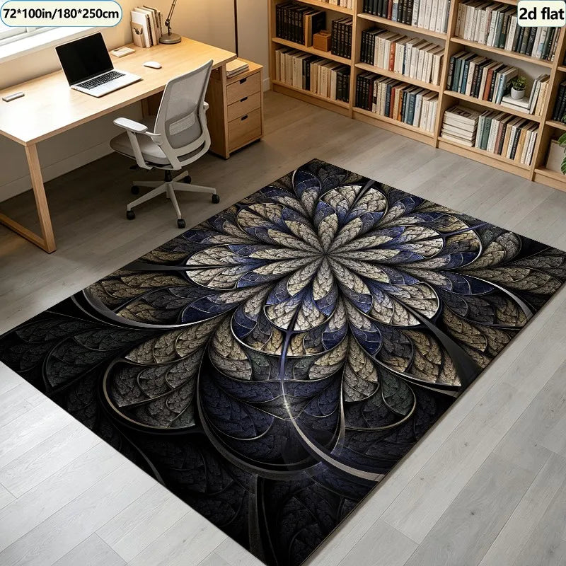 Dark Luxury Fractal Floral Carpet Flooring, Abstract Mandala Swirl Art Area Rug Anti-Slip Floor Mat for Office Villa Living Room Home Decoration