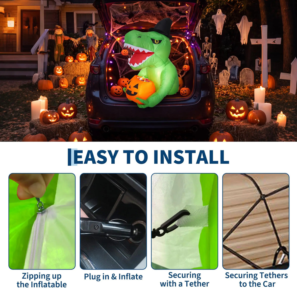 4.5ft Halloween Inflatable Dinosaur With Led Lights, Witch Hat Pumpkin Blow Up Outdoor Yard Lawn Car Trunk Or Treat Party Decor