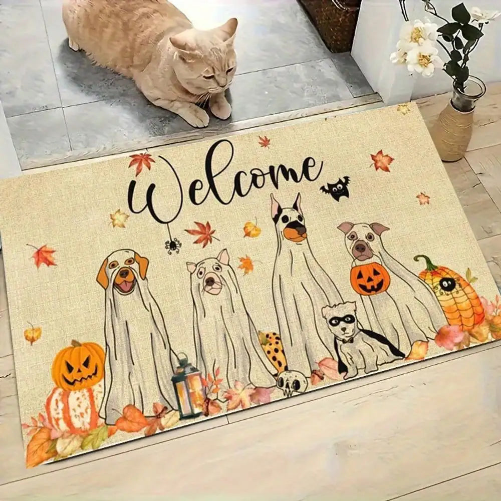 1pc Halloween Dogs Welcome Doormat, Autumn Fall Leaves Pattern Rug, Spooky Cute Pet Theme Indoor Front Door Welcome Mat, Flannel Material NonSlip Soft For