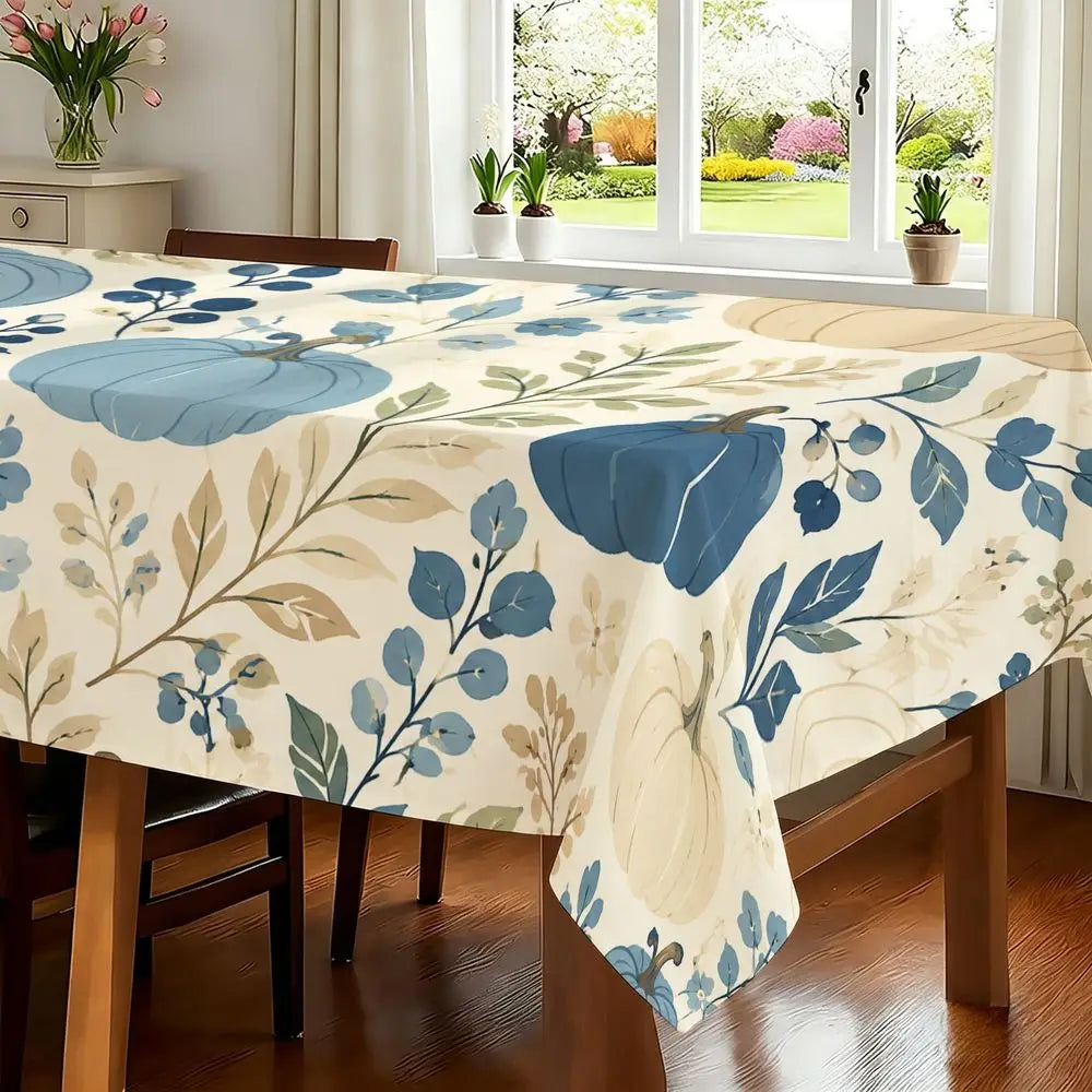 Fall Harvest Dining Tablecloth - Blue Pumpkins And Floral Pattern, Cream Farmhouse Style Decor, Durable Fabric, Rectangular, Suitable for Autumn Home Kitchen, Thanksgiving Dinner, Holiday Party, Dining Room Table Cover, Indoo