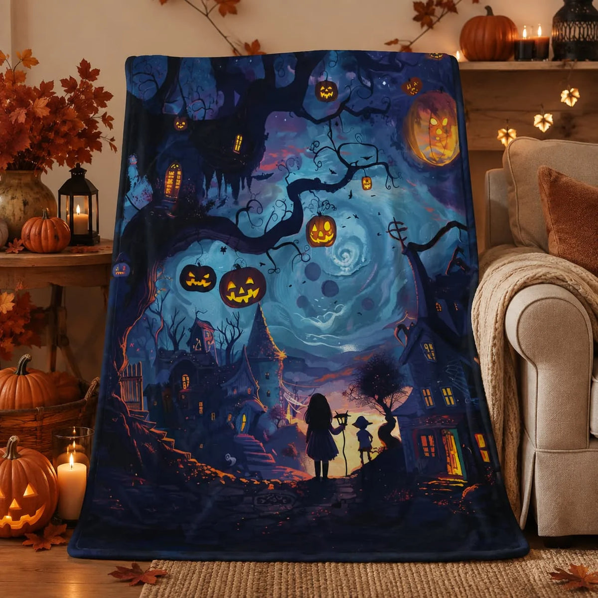 Halloween Throw Blanket: Soft Plush with Haunted House Print (30x40 to 60x80)