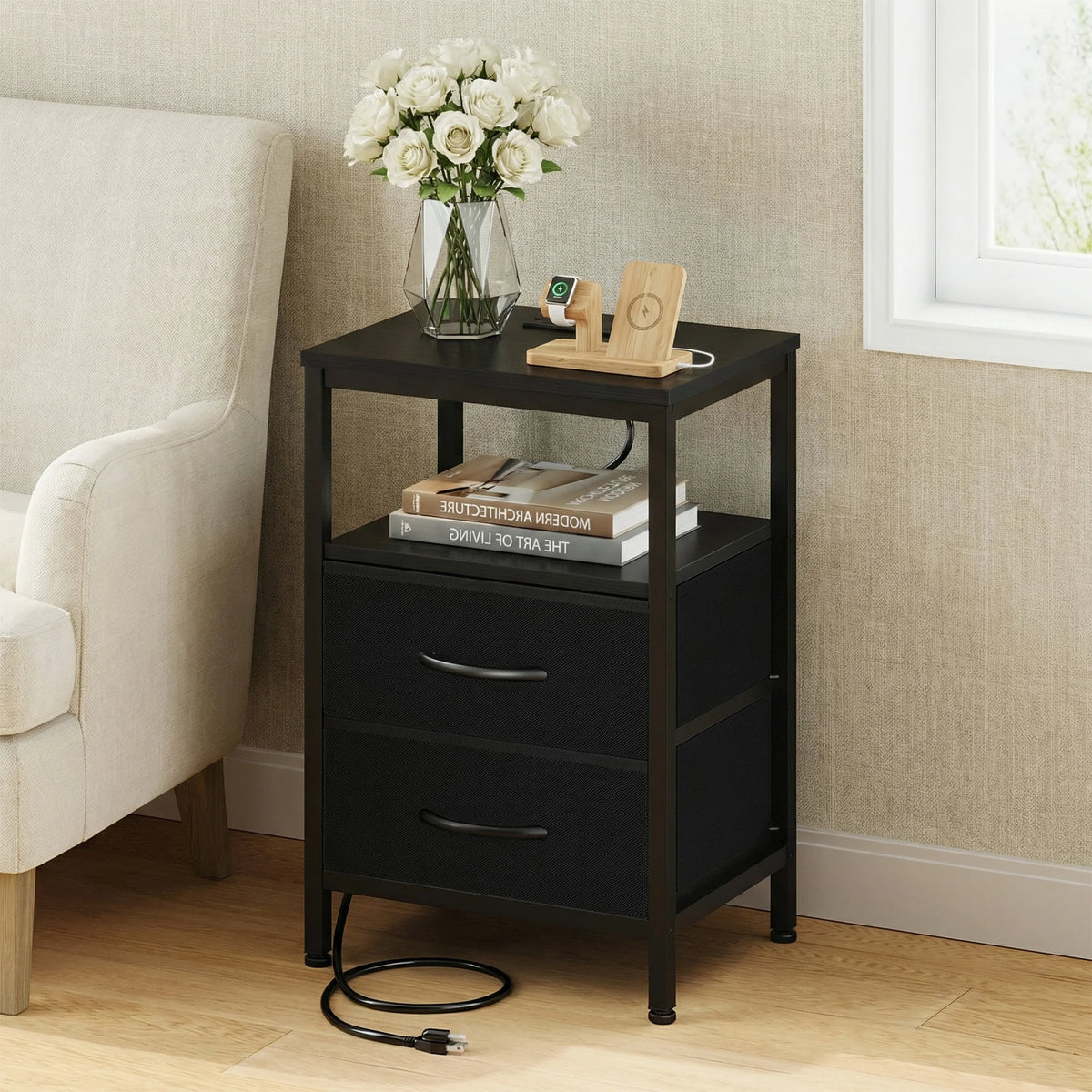 JHK Bedside Table With Fabric Drawers And USB Charging Station