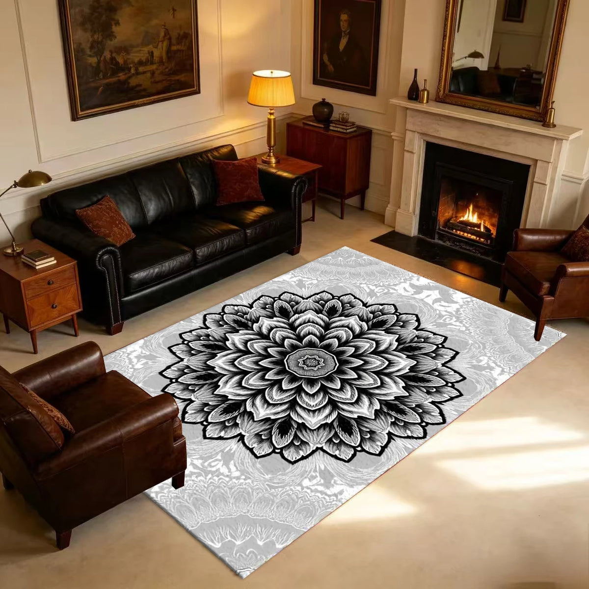 Black and White Gray Mandala Floral Pattern Carpet Floor Non-Slip Mat