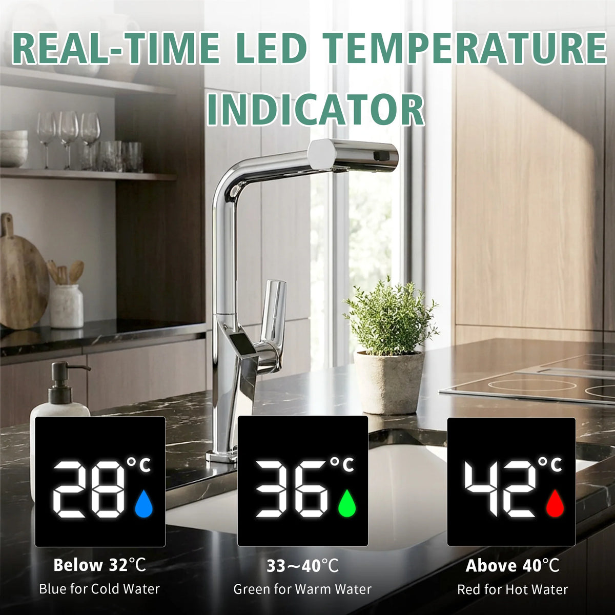 Touchless Kitchen Faucet Chrome LED Display Motion Sensor Sink Mixer with 3-Function Pull Down Sprayer 360° Swivel Spout