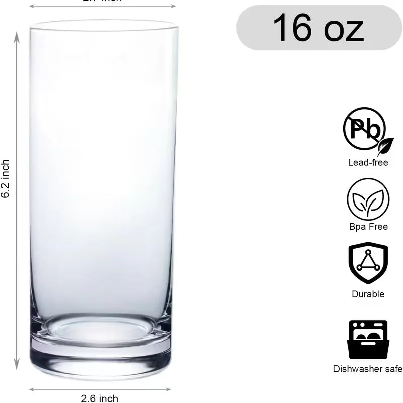 Drinking Glasses Set of 8, 16Oz Crystal Highball Glasses, Clear Tall Glass Cups, Water Glass for Kitchen, Tom Collins, Juice, Whiskey, Mojito Cocktail Glasses for Bar Glassware, Gift