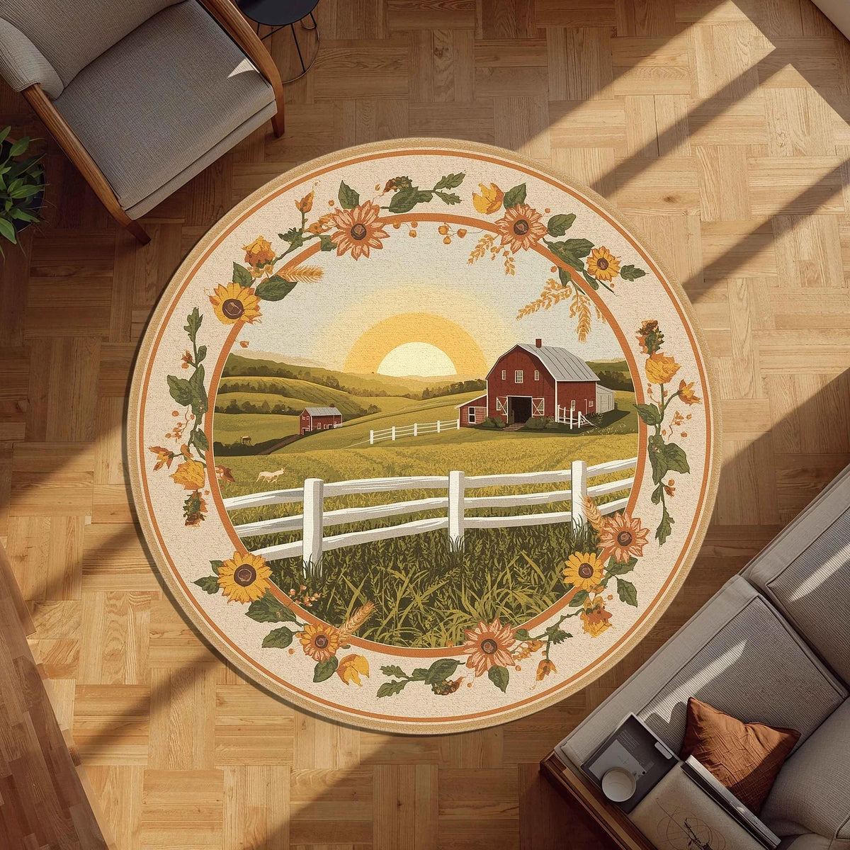 Farmhouse Round Rug with a Rural Barn Sunrise Pattern and Autumn Wreath Border, Suitable for Country-Style Entryways and Kitchens, Pastoral Style Decorative Gift