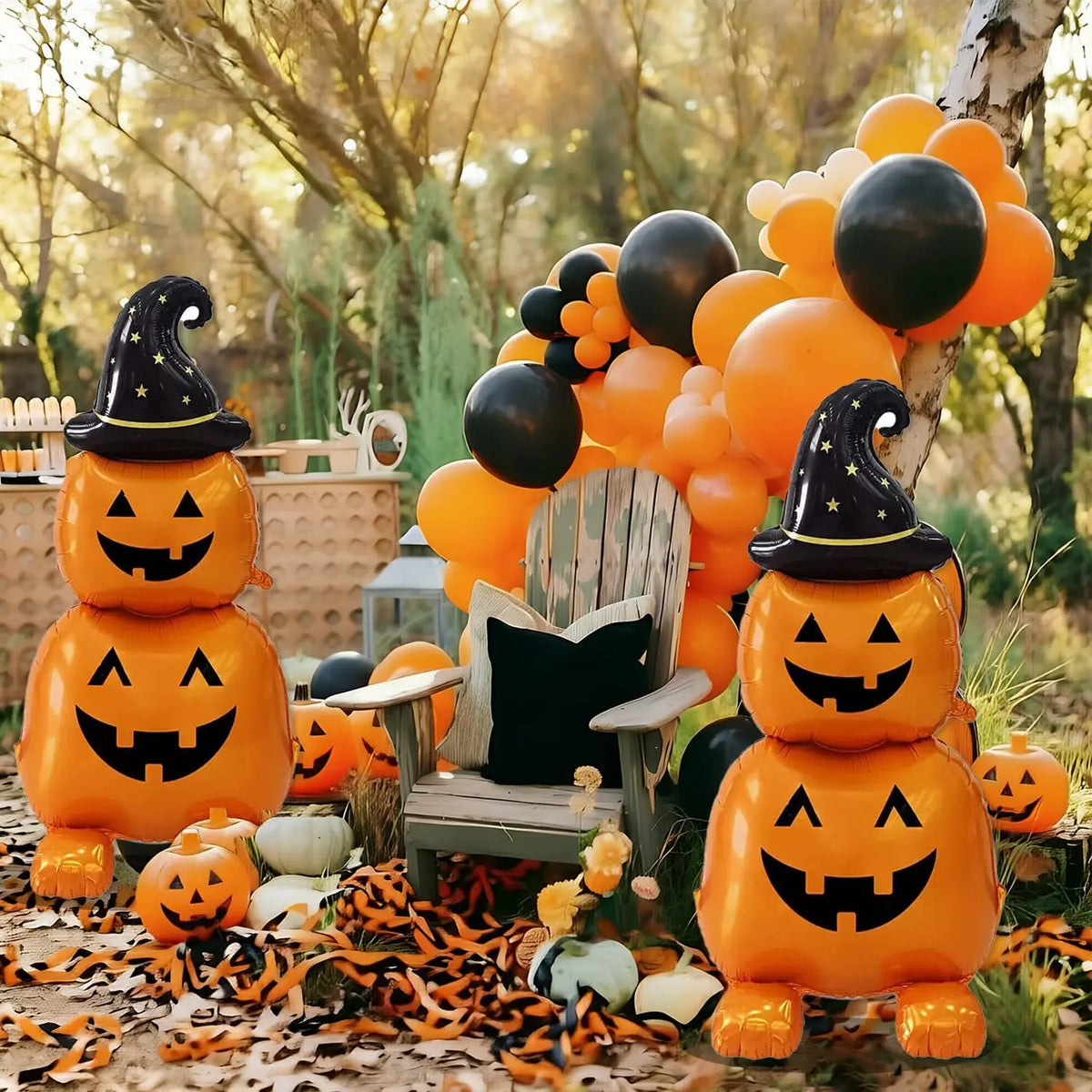 2Pcs Halloween Foil Balloons Standing Witch Stacked Pumpkin Balloons