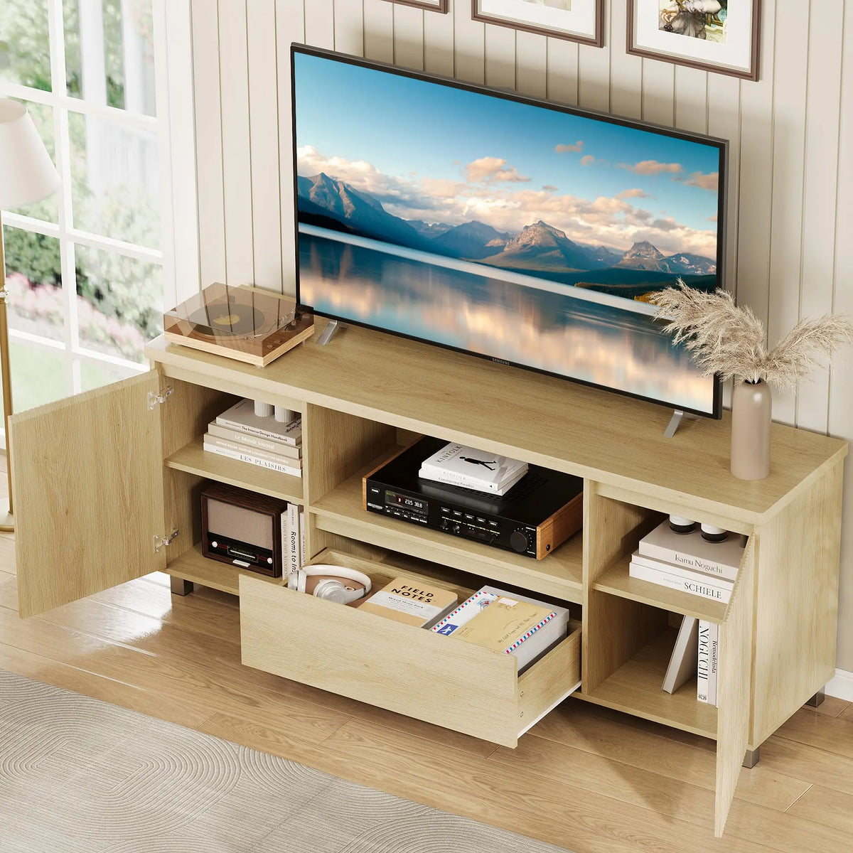 Modern TV Stand For TVs Up To 70 Inch, Media Console With Fluted Door Cabinets, Drawer, Open Shelves, Cable Management Cabinet