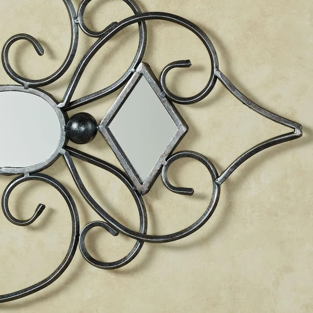 Elegant Silver and Black Scrollwork Mirrored Metal Wall Art | Decorative Hanging Mirror for Various Rooms