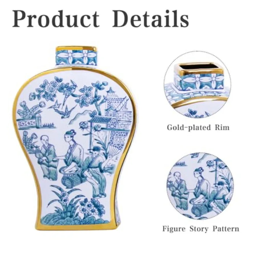 Blue and White Hand-Painted Ceramic Bud Vase with Gold Rim - Antique Chinese Porcelain for Home Decor Table Centerpieces in Liv