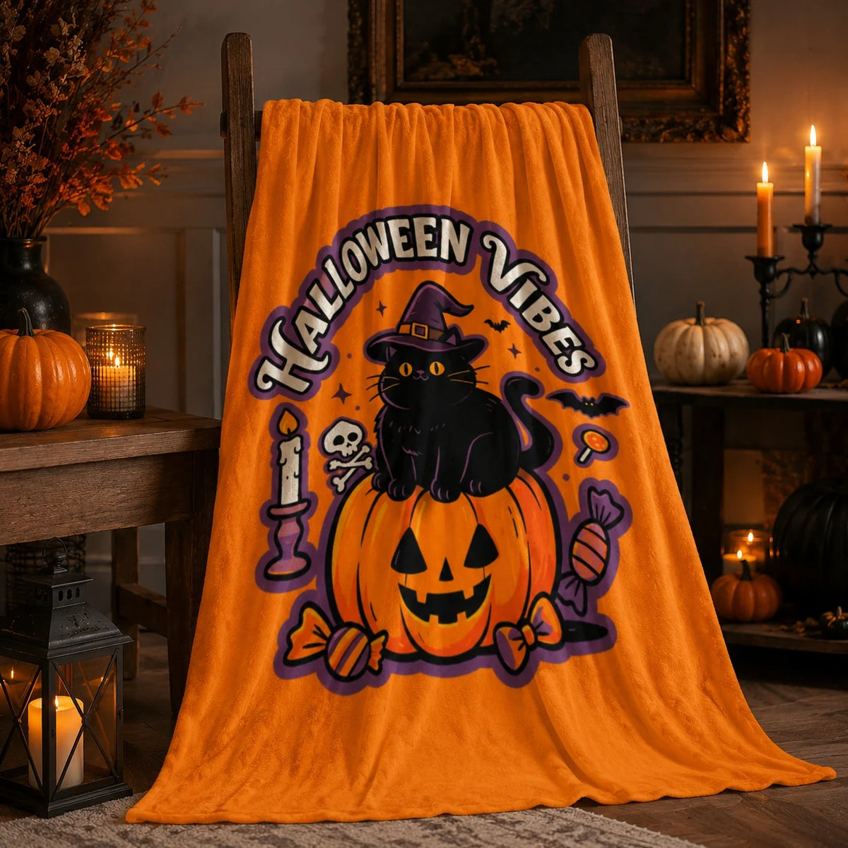 Halloween Flannel Throw Blanket 60 x 50 Inch, Soft Lightweight Cozy Blanket for Couch, Sofa, Bed, Bedroom and Living Room Decor