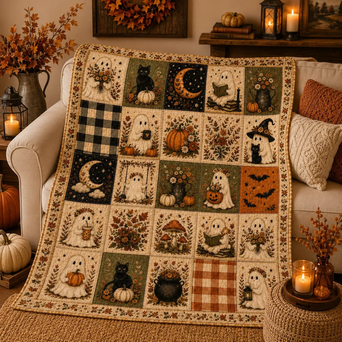 Halloween Quilt Blanket, Ghost Blanket Pumpkin Throw, Cozy Fall Blanket, Spooky Season Decor, Fall Farmhouse Bedding, Halloween Gift