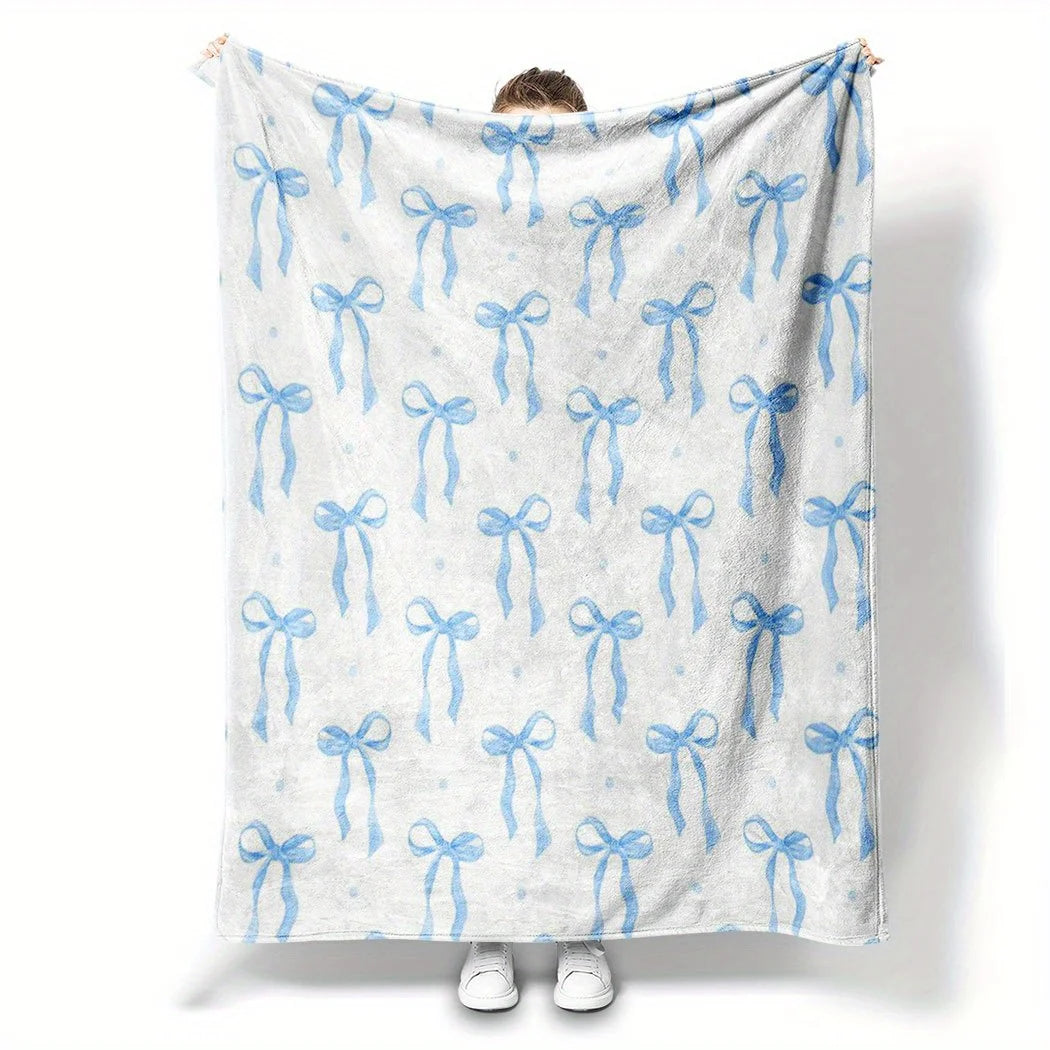 1pc Flannel Blanket, Blue Bow Pattern - Exquisite Design, Suitable for All Seasons for Naps, Office, Sofa, Car - Excellent Gift Choice, Durable Edges, Fun Shape, Small Throw Blanket