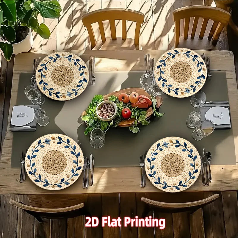 Set of 4 Beige & Blue Round Wooden Placemats - Suitable for Textured Dining Tables, Table Decor, Ideal for Parties, Easter Dinners and Table Settings, 2D Flat Print