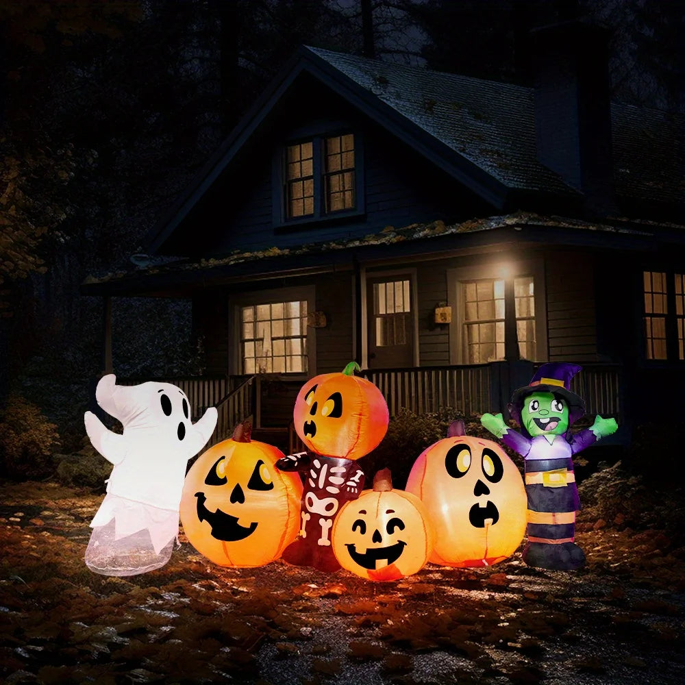 Halloween Inflatable 8 ft Long Three Halloween Characters and Pumpkin Patch Blow Up Inflatables with Build-in LEDs for Party Indoor Outdoor Yard Lawn Garden Decorations