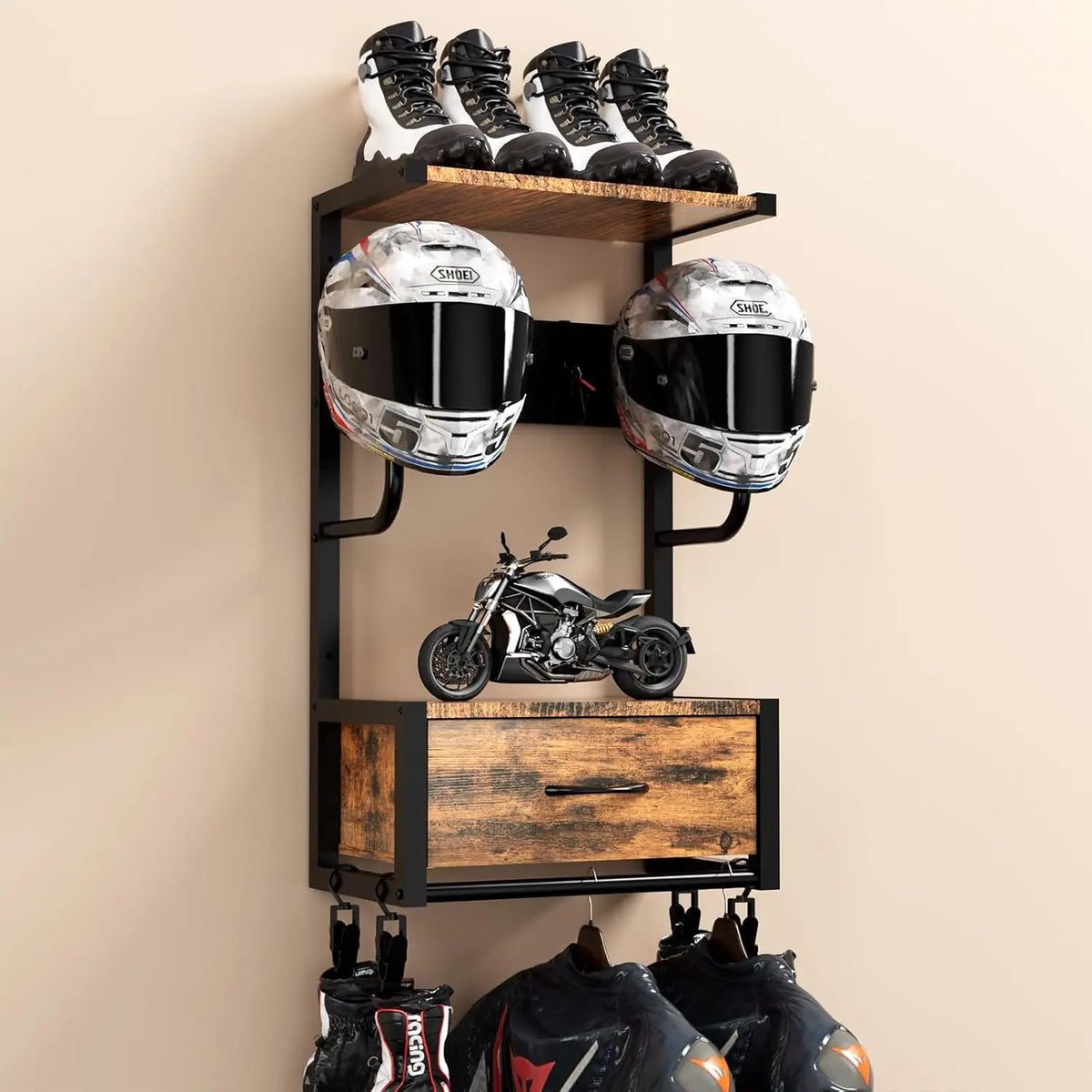 Motorcycle Helmet Holder, Wall-Mounted Rack With 4 Glove Chips & Hooks, Bike Helmets Storage Organizer For Helmets Gear Clothes