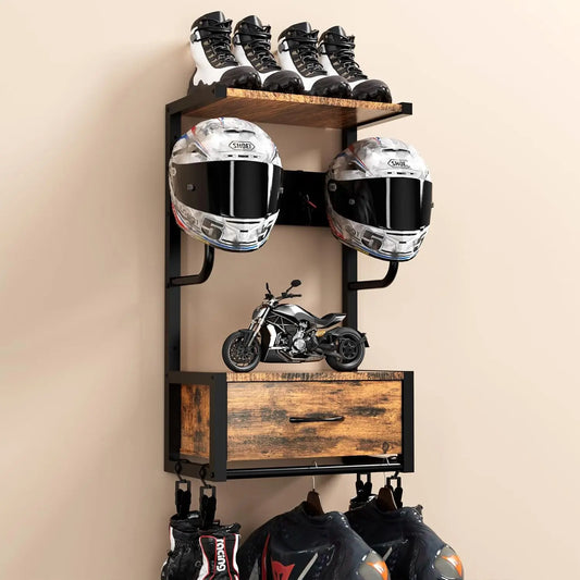 Motorcycle Helmet Holder, Wall-Mounted Rack With 4 Glove Chips & Hooks, Bike Helmets Storage Organizer For Helmets Gear Clothes