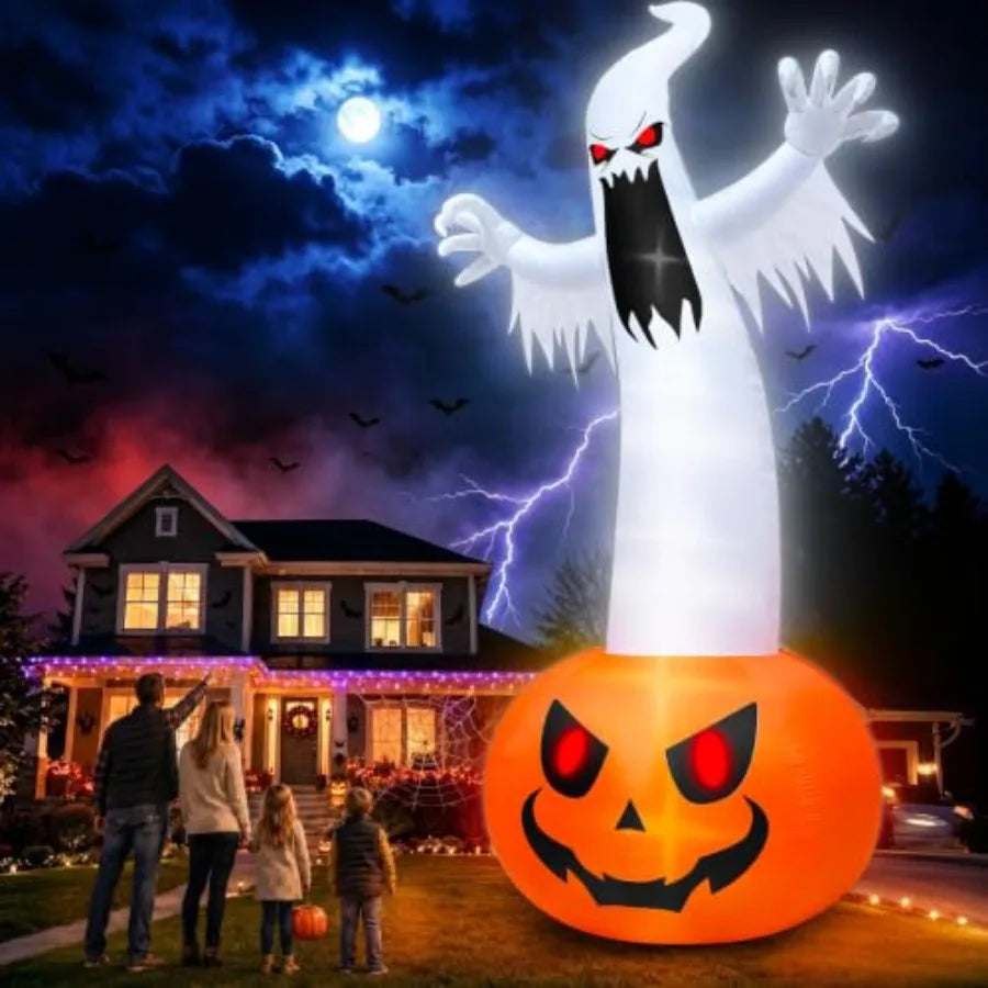 Halloween outdoor yard decoration: super giant 20 FT inflatable pumpkin ghost, PVC material, orange and white, built-in 9 LED l
