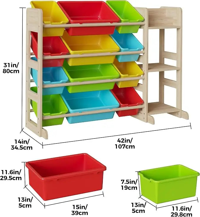Tacleekii 42" 52" Wide Kids Toy Storage Organizer with 12 Bins & 3 Open Shelves Solid Wood Bookshelf Cabinet Storage Unit for Playroom Bedroom Living Room