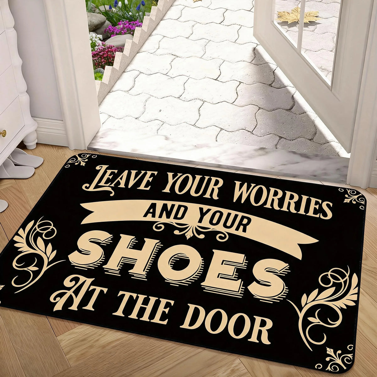 Square Bathroom Rug Diatomaceous Earth Bath Mat Non Slip Rubber Base Thick Absorbent Floor Mat with Elegant Printed Design