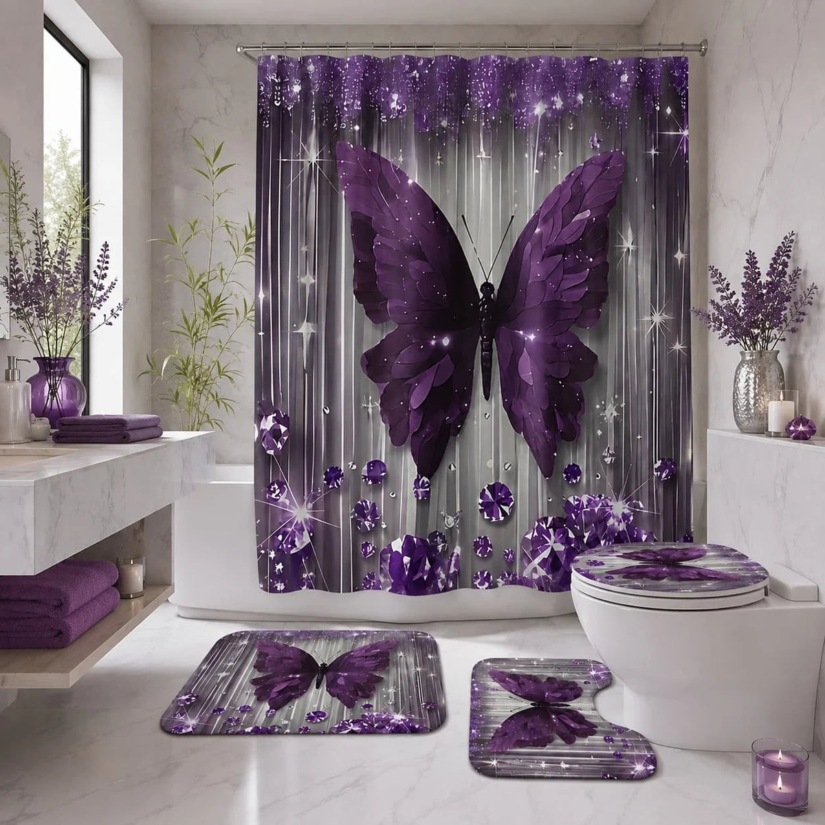 4pcs Purple Butterfly Bathroom Set with Shower Curtain, Non-Slip Rug & Toilet Cover - Machine Washable Suitable for Bath Decor, U-Shaped Mat, Hooks Included, Complete Bath Accessories for And