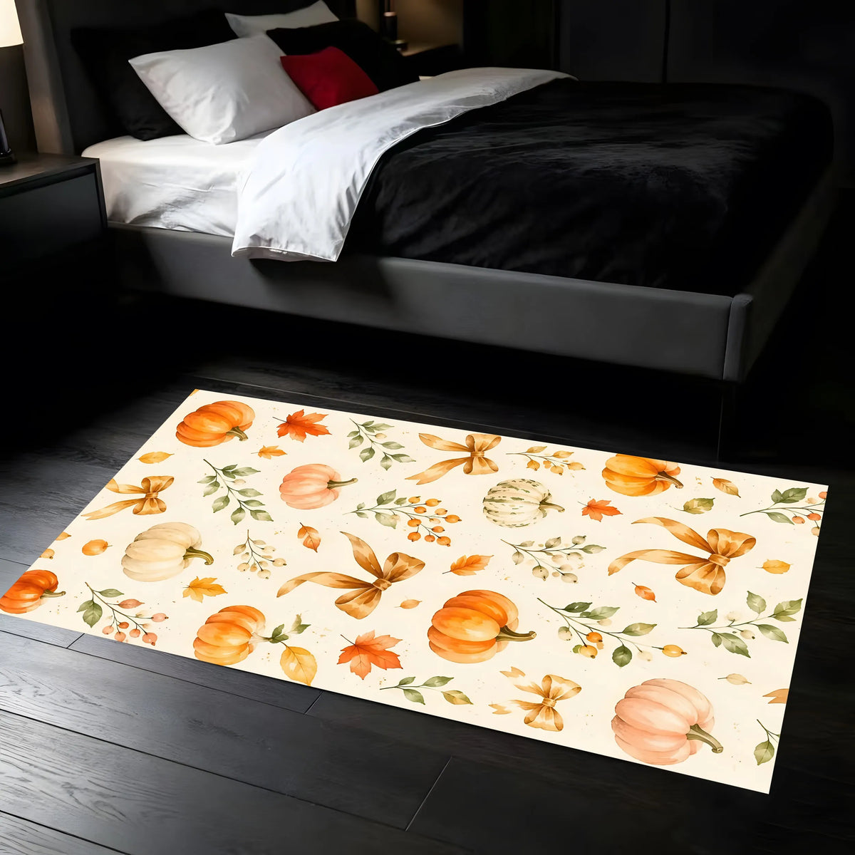Halloween Carpet 2D Large Rug Pumpkin Bow Maple Leaf Print Retro Watercolor Style Warm Tones Soft Delicate Autumn Thanksgiving a