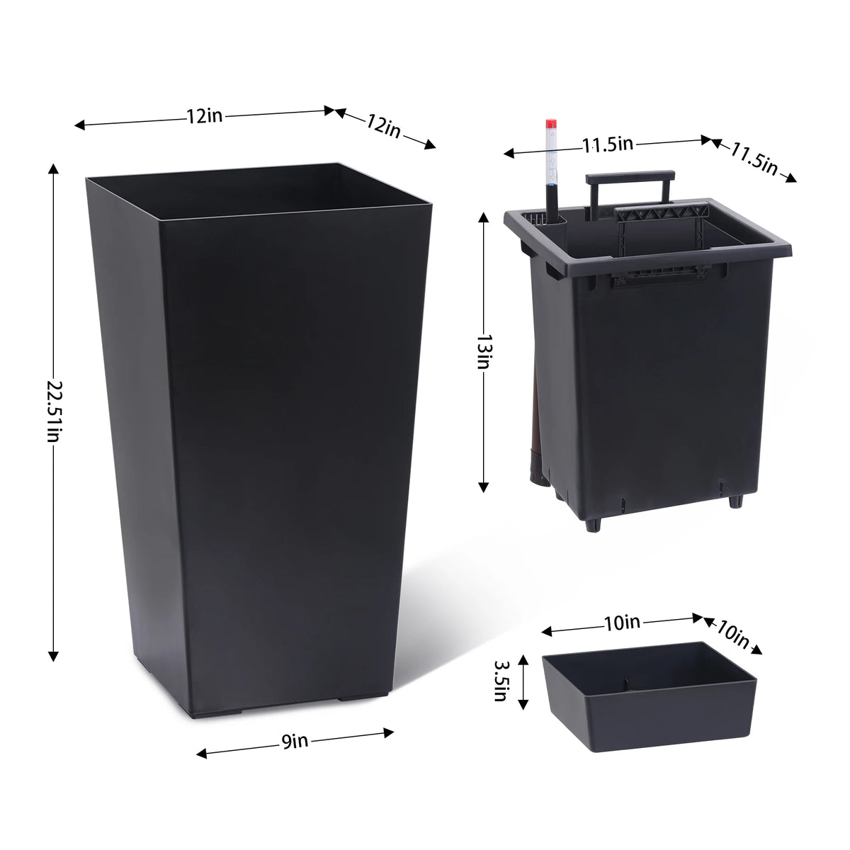 Tall Planters Set of 2, Outdoor＆Indoor Black Planter Pots, High Front Porch Planter Pots With Drainage Holes＆Water Level Monitor＆Inner Bucket, Automatic Watering