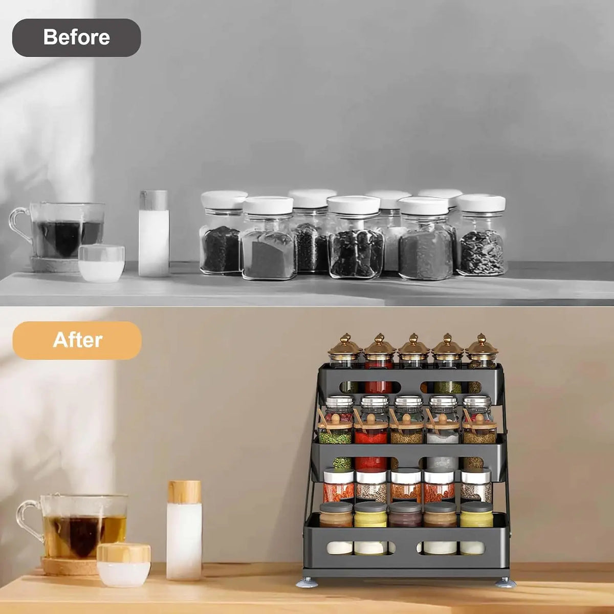 3-Tier Foldable Spices Rack, Adjusted Height 10-10.8Inch Carbon Steel Tiered Spice Rack with Non-Slip Suction Cups,Space-Saving Spice Rack Organizer for Cabinet