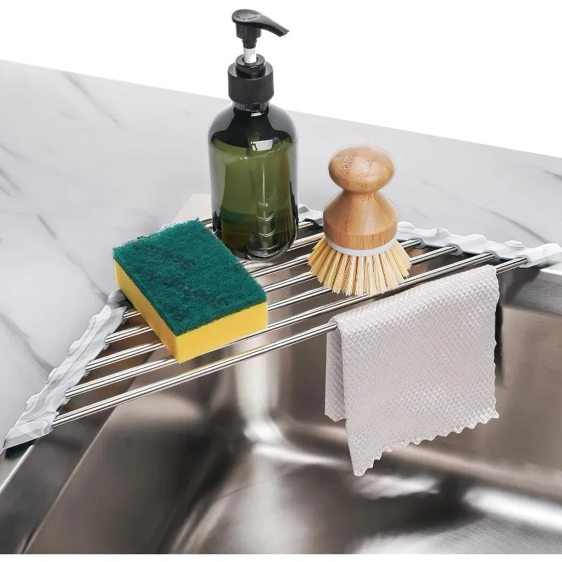 Marble Triangle Roll-Up Dish Drying Rack for Sink Corner - Small, Foldable, Stainless Steel, Multipurpose Kitchen Drainer Caddy, Trivet, Rustproof Organizer, Storage Shelf