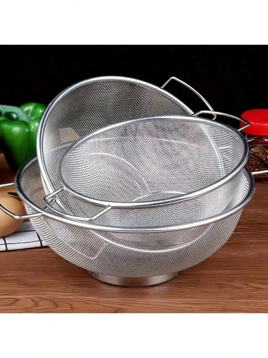 3pcs Stainless Steel Strainer Set With Handle Fine Mesh Metal Screen For Pasta, Vegetables, Rice, Fruits And Food Kitchen Sprayer, Strainer Basket Kitchen Rice Wash Dish Bowl, Kitchen Supplies SH25071897629956407