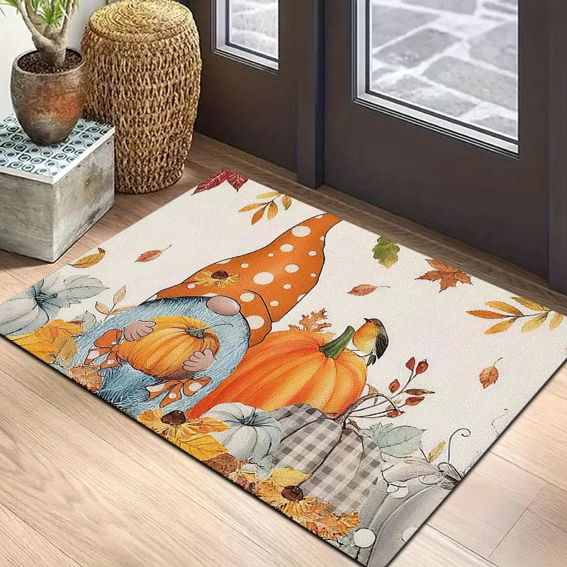 1pc Bohemian Hand-Painted Garden Gnome & Pumpkin Door - Thick Plush Flannel Suitable for Entryway, Machine Washable Autumn for Front Door, Cozy Fall Decor for