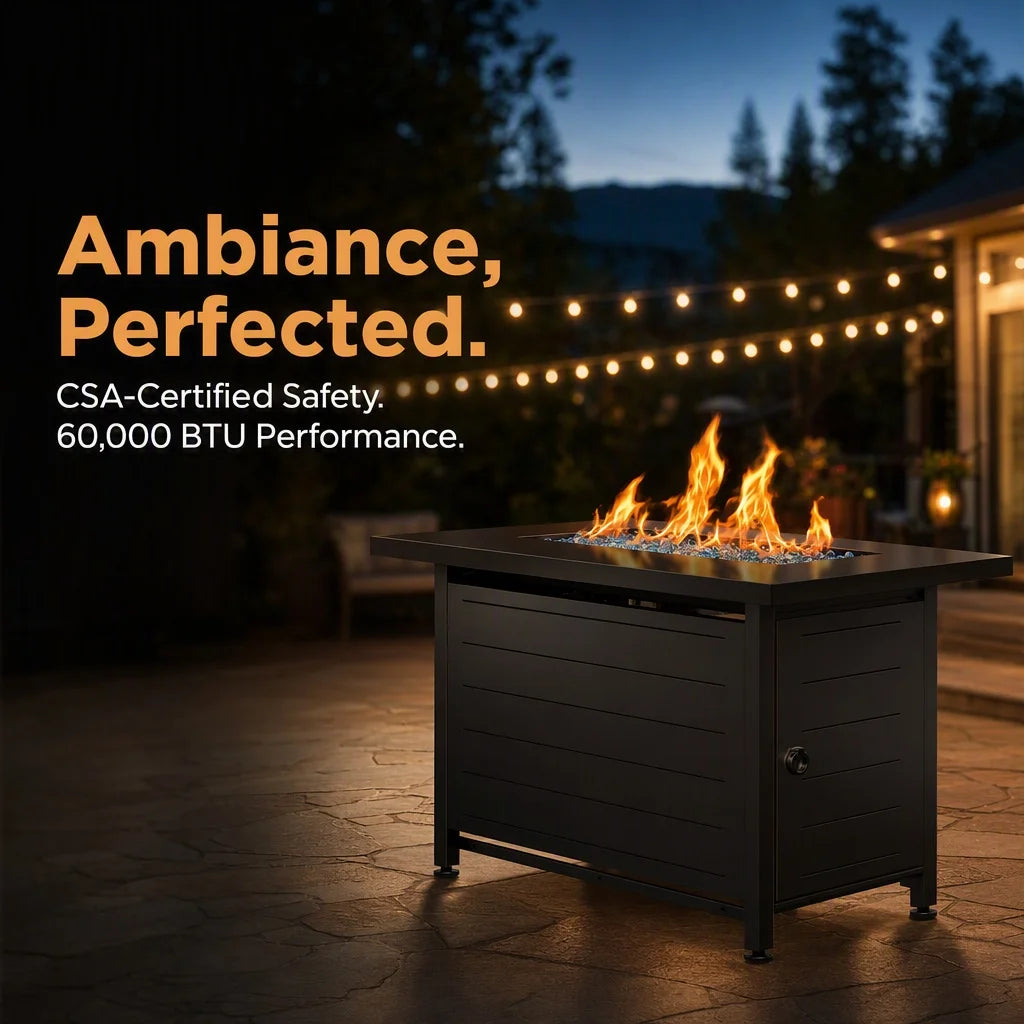 43-Inch Rectangular Propane Fire Pit with 60,000 BTU Output, Fire Pit Table Premium Gas for Outside Patio with 304 Stainless Steel H-Burner, Glass Stones, and Wind Guard