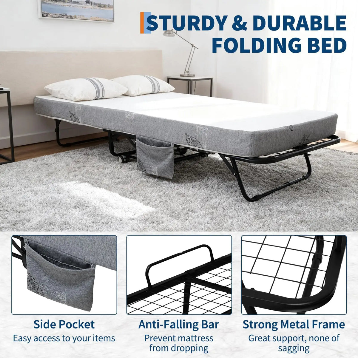 Portable Folding Bed With 6 Inch Memory Foam Mattress Sturdy Steel Frame Foldable Rollaway Guest Bed With Wheels Space Saving Spare Bed For Apartment RV Dorm Overnight Visitors