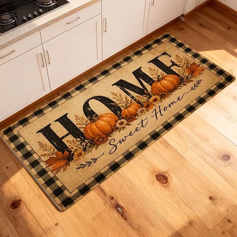 1pc Autumn Harvest Pumpkin Entrance Doormat, Thick Flannel Non-Slip Machine Washable Rug, Thanksgiving Indoor Floor Mat for Front Door Kitchen Bathroom Living