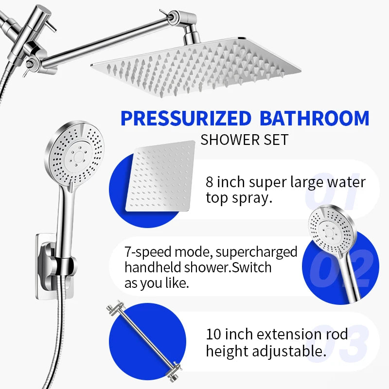Stainless Steel 8 Inch Overhead Showerhead 7 Modes With Extension Arm Multi-function Hand Shower Wall Mounted Showerhead Set