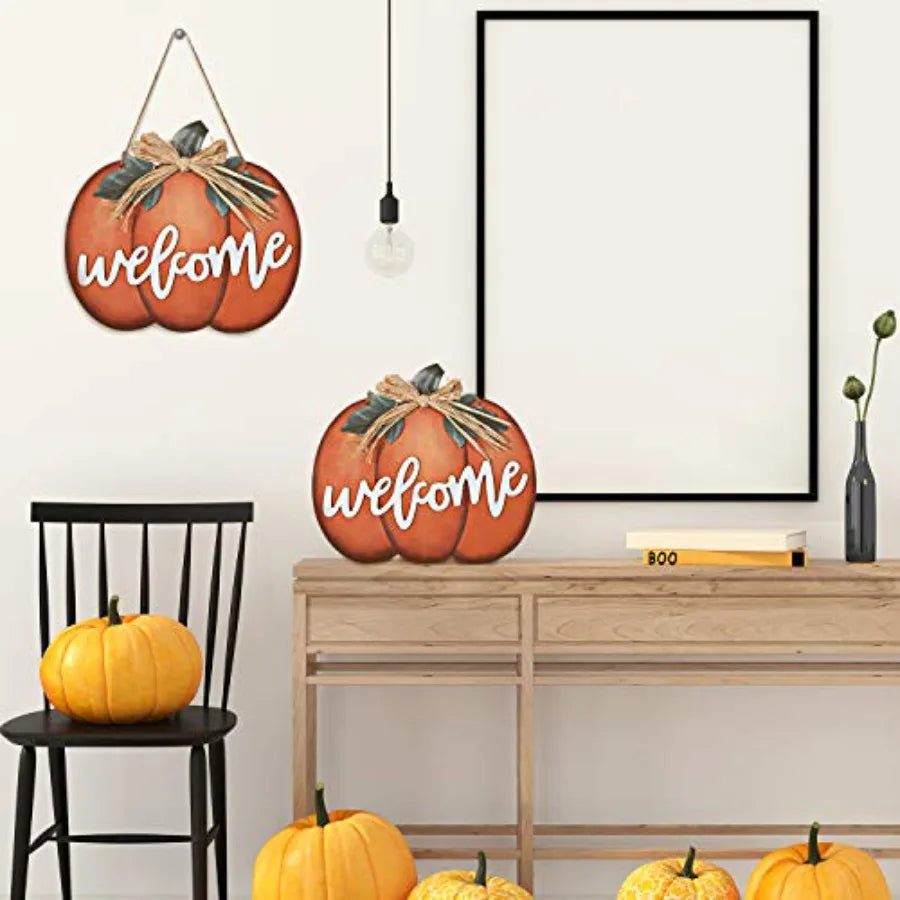 Fall Decor Pumpkin Welcome Sign Thanksgiving Door Hanger Wooden Pumpkin Decor Hanging Porch Sign for Autumn Harvest Thanksgivin