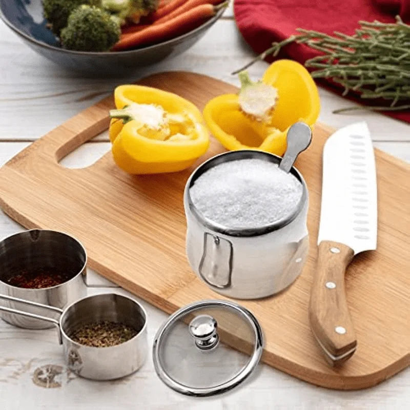 1Set 300ml Stainless Steel Sugar Bowl Coffee Seasoning Jar Condiment Pot Spice Container Canister Cruet with Lid and Spoon