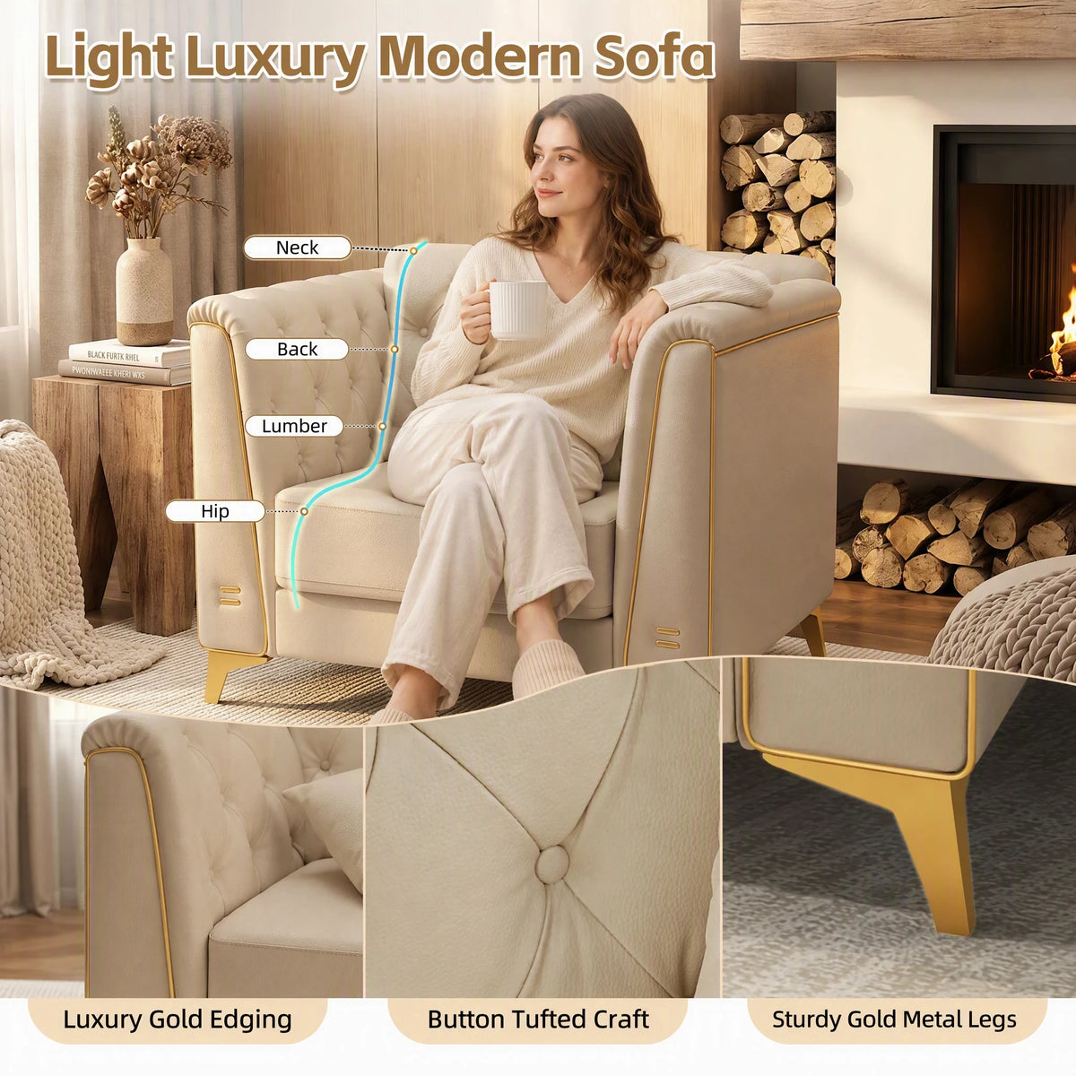 40.1" Light Luxury 1-Seater Chesterfield Style Sofa Faux Leather Upholstered Single Sofa Chair Armchair with Handmade Button Tufted Backrest Metal Trim Armrests & Slim Metal Legs Comfortable Thick Seat Cushion Accent Furnitur
