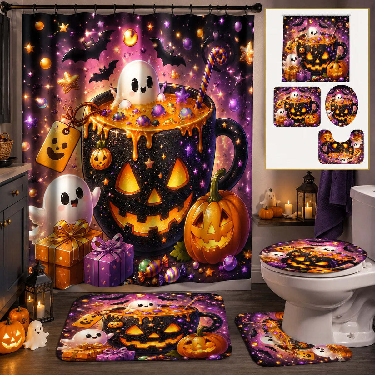 4pcs Halloween Glitter Star Pumpkin Mug Cute Ghost Candy Gift Box Shower Curtain Set, Halloween Decor Bathroom Curtain Set With 12 Hooks Include Non-Slip Bathroom, Toilet U-Shape, Toilet Lid Cover, Fashion Bathroom Accessorie